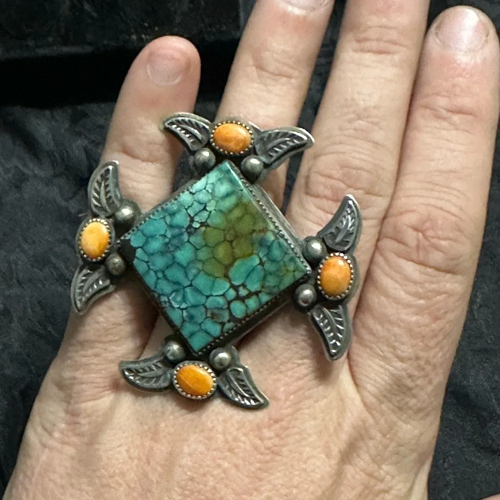 Vintage Silver Turquoise and Orange Stone Ring - Picture 4 of 5